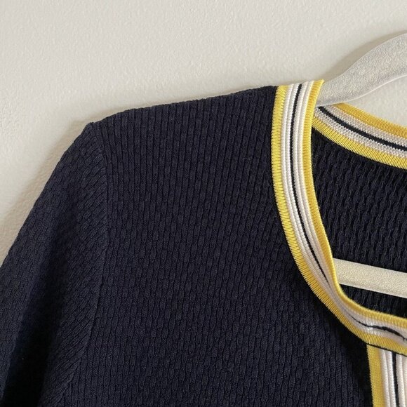 Talbots Women MP Navy Faux Pearl Buttons 3/4 Sleeves Crewneck Tipped Cardigan - Picture 6 of 10